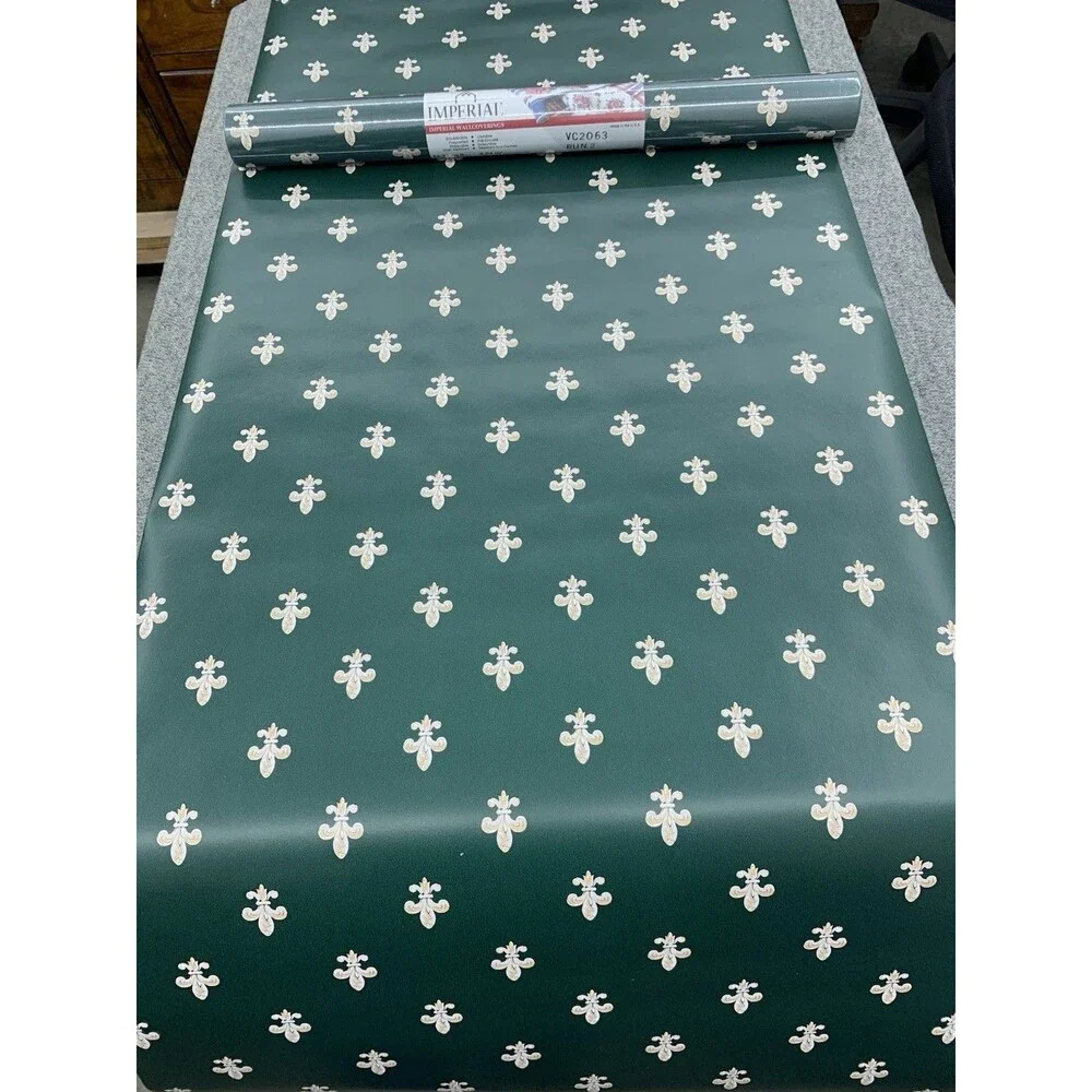Imperial Fleur-De-lis Wallpaper Gold On Dark Green Background 20.5 X 11yds
